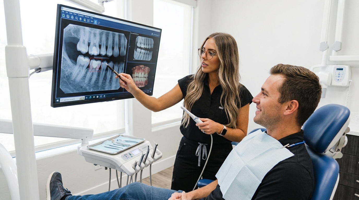 A Smile Co. dentist showing a smiling patient his X-rays on a screen