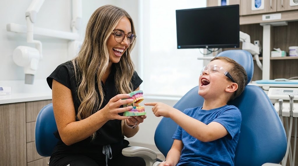 A Smile Co. dentist laughing with a young patient in the chair, showing him a model of teeth