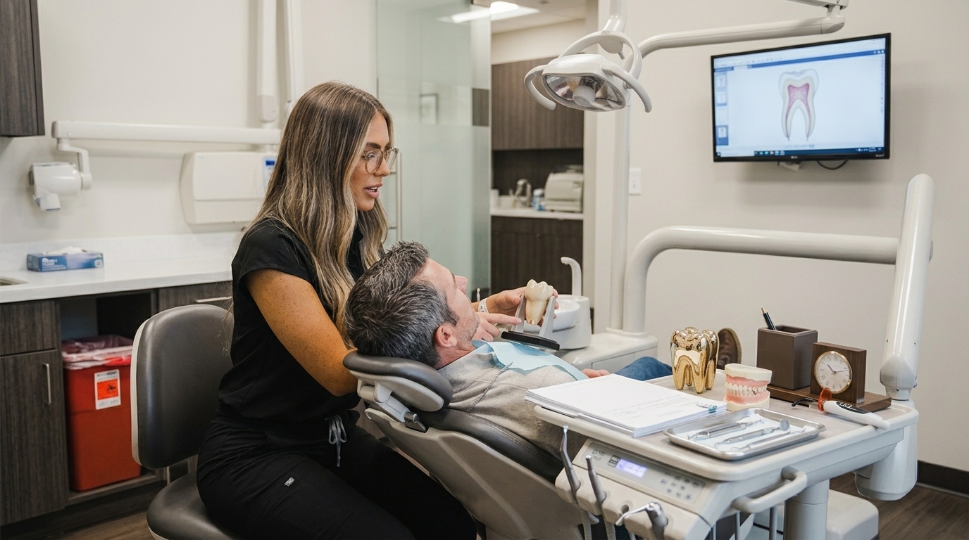 A Smile Co. dentist showing a patient in the chair a model of a tooth