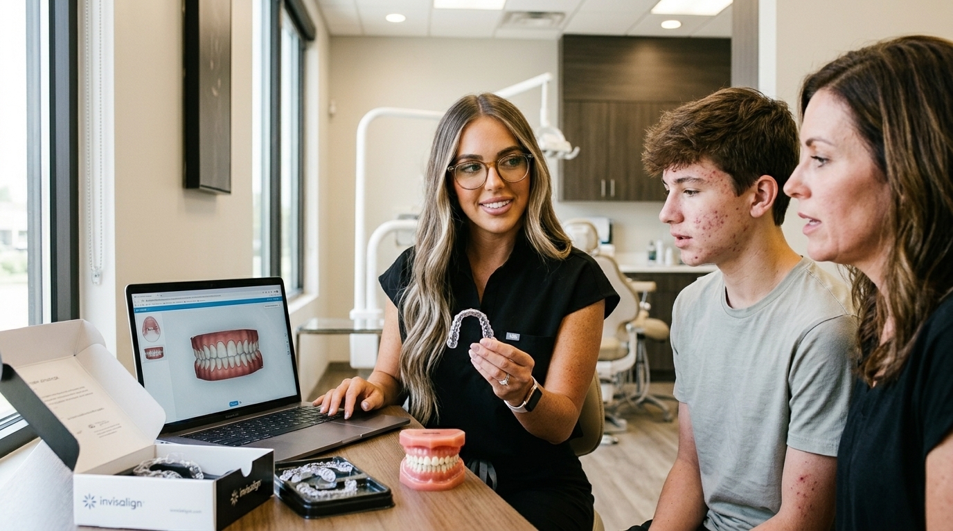 A Smile Co. dentist showing a clear aligner to a teen and his mom