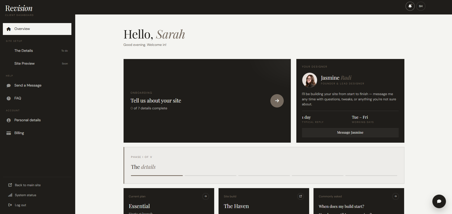 The Revision client dashboard at kickoff — onboarding overview with your first details to fill in
