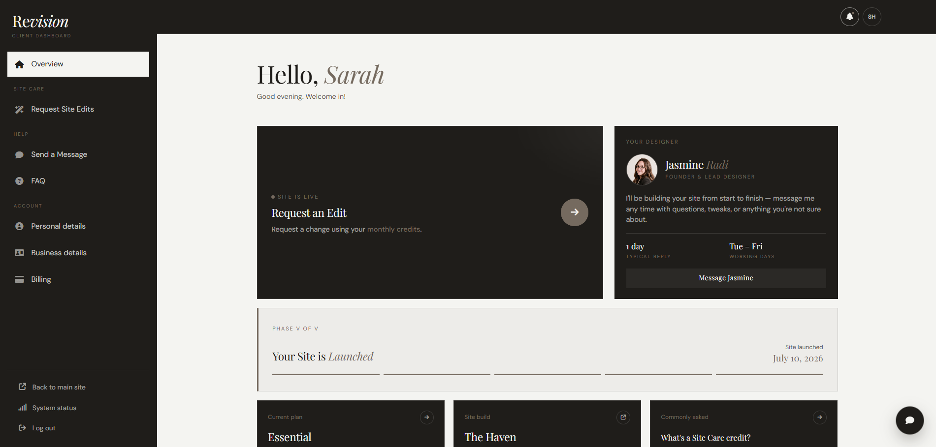 The same dashboard after launch — your site is live and you can request edits
